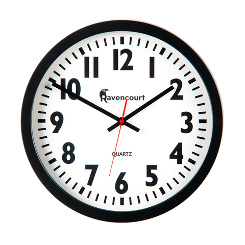 High visibility clock with black hands and digits on bright white face with red second hand