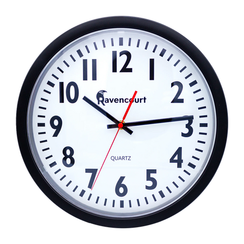 white clock face with black numbers and hands with red second hand