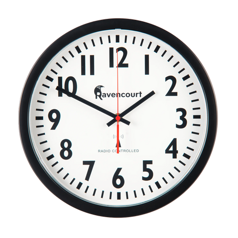 Simple wall clock with black hands on white face with radio controlled icon and red second hand