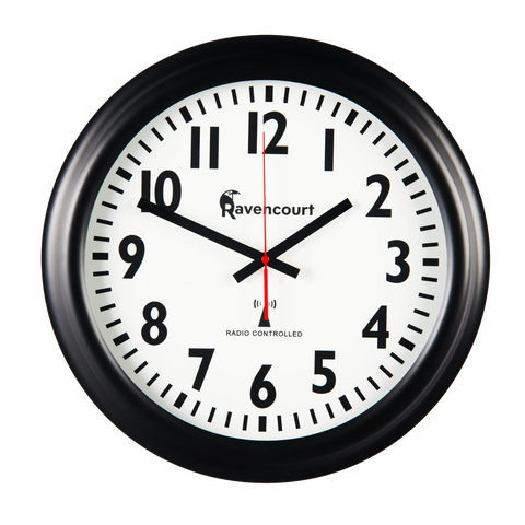 Large analog wall clock with black hands and digits on white face with radio controlled icon features. Red second hand