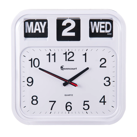 Large calendar flip clock showing time, day and date. White frame with black digits and red second hand
