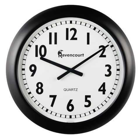 Giant wall clock with high contrast black and white dial. No second hand with black bezel