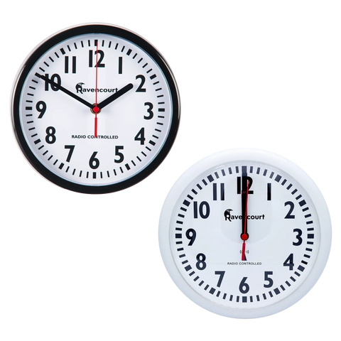 Two small wall clocks in black and white with radio controlled icon on face and red second hand
