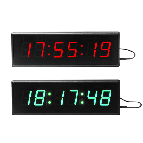 Two digital clocks in green and red