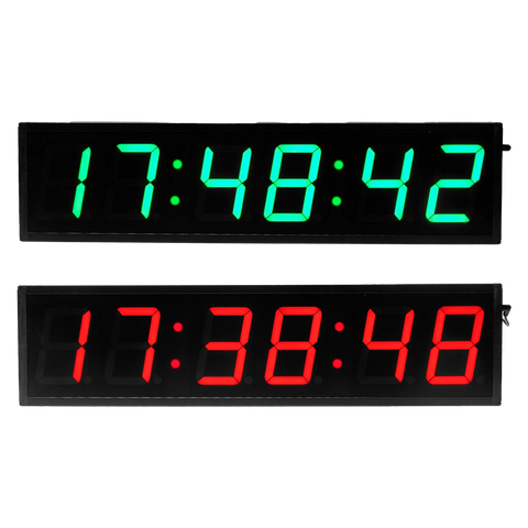 Two large digital clocks in green and red